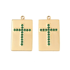 Emerald 304 Stainless Steel Rhinestone Pendants, Rectangle with Cross Pattern Charms, Ion Plating(IP), Real 18K Gold Plated, Emerald, 22x13x1.5mm, Hole: 1.5mm