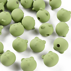 Vert Jaune Perles acryliques, de Style caoutchouté, la moitié foré, ours, vert jaune, 15.5x16x15mm, Trou: 3.5mm