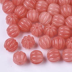 Светло-Коралловый Синтетические коралловые рифленые бусины дыни, окрашенные, имитация нефрита, круглые, свет коралловый, 10~11x11.5 мм, отверстие : 1.5 мм