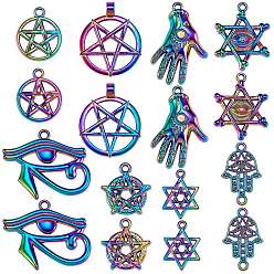 Rainbow Color 16Pcs 8 Style Alloy Pendants, Cadmium Free & Lead Free, Mixed Shape, Rainbow Color, 19~33x14.5~31x1~6mm, Hole: 1.6~4mm, 2pcs/style