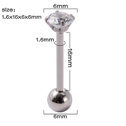 Нержавеющая Сталь Цвет 304 нержавеющая сталь с кольцами для языка из кубического циркония, алмаз, цвет нержавеющей стали, 16 мм, штифты : 1.6 мм, Руководитель: 6 mm