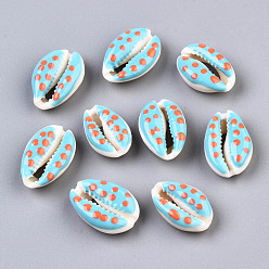 Light Sky Blue Natural Cowrie Shell Beads, with Enamel Polka Dot Pattern, No Hole/Undrilled, Light Sky Blue, 16~19x10~12.5x7mm