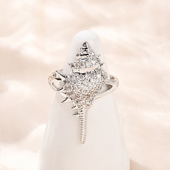 Shell Shape Латунные микро проложить манжеты кольца кубического циркония, платина, формы раковины, 30.5x15 мм