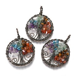 Смешанные камни Природные каменные смешанные подвески, с красной медью, плоские круглые с дерева жизни, 64~67.5x50~51x6~7.5 мм, отверстие : 8x5~6.5 мм