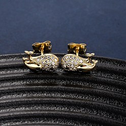 Whale Серьги-гвоздики из латунного микро-паве, реальный 18 k позолоченный, кит, 6.50x11 мм