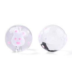 White Transparent Glass with Enamel Beads, Round with Rabbit Pattern, White, 17x16x15mm, Hole: 1.8~2mm