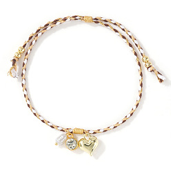 Седло Коричневый Браслеты с подвесками из латуни и искусственного жемчуга, регулируемые плетеные браслеты из хлопкового шнура для женщин, Сердце & плоские круглые, седло коричневый, внутренний диаметр: 11 дюйм (28 см)