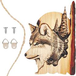 Peru 3D Wolf Animal Carving Handcraft, with Hemp Cords, Iron Screws & Hanging Rings, Wooden Gift Ornament Home Wall Hanging Decoration, Peru, 191x125x7mm