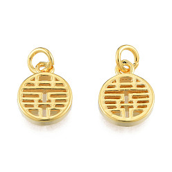 Echt 14 k vergoldet Messing Charme, mit Ringe springen, Nickel frei, flach rund mit chinesischen Zeichen, echt 14 k vergoldet, 13.5x10x2 mm, Sprungring: 5x1 mm, 3 mm Innen Durchmesser