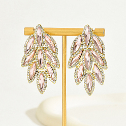 Pink Real 18K Gold Plated Stainless Steel Stud Earrings, Glass Rhinestone Leaf Earrings for Women, Pink, 55x30mm