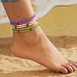 Средний Фиолетовый 6шт. эластичные браслеты на щиколотку в стиле бохо с бусинами из стекла и бисера для женщин, средне фиолетовый, 9-7/8 дюйм (250 мм)