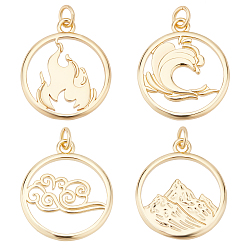 Golden 8Pcs 4 Style Brass Pendants, with Jump Ring, Long-Lasting Plated, Flat Round, Real 18K Gold Plated, 2pcs/style