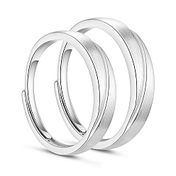 Platinum Anti-Tarnish Adjustable Grooved Rhodium Plated 925 Sterling Silver Couple Rings, Promise Rings for Lovers, Platinum, US Size 7 1/4(17.5mm), US Size 10 1/4(19.9mm), 2pcs/set