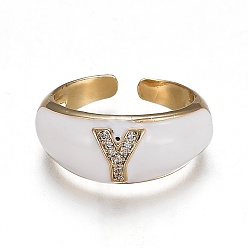 Letter Y Brass Micro Pave Clear Cubic Zirconia Cuff Rings, Open Rings, with Enamel, Cadmium Free & Lead Free, Golden, Letter.Y, US Size 7 1/4, Inner Diameter: 17.6mm