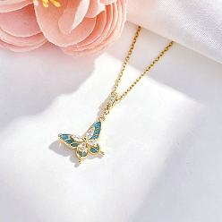 Light Blue Brass Pave Cubic Zirconia Butterfly Pendant 304 Stainless Steel Cable Chain Necklaces for Women, Golden, Light Blue, 15.75 inch(40cm)