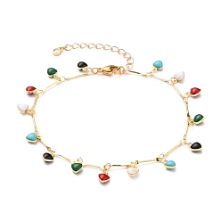 Colorful Brass Enamel Charm Anklets, with Bar Link Chains and 304 Stainless Steel Lobster Claw Clasps, Heart, Golden, Colorful, 9-1/4 inch(23.6cm)