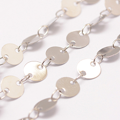 Platinum Rack Plating Brass Handmade Flat Sequin Chains, Soldered, Flat Round Link Chains, Platinum, 4x0.3mm