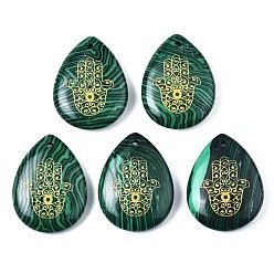 Малахит Синтетического малахита подвески, слеза с узором в виде руки хамса, 32~33.5x25~26x6.5~7.5 мм, отверстие : 2 мм, 6 шт / пакет