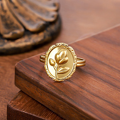 Золотой 304 открытые кольца манжеты из нержавеющей стали, овальная с цветочным узором, золотые, внутренний диаметр: 15~20 мм