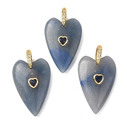 Blue Aventurine Natural Blue Aventurine Pendants, Heart, Golden, Dyed & Heated, 30x20x9~9.5mm, Hole: 6x6.5mm