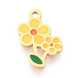 Желтый 304 из нержавеющей стали шармы эмали, цветочный шарм, ионное покрытие (ip), реальный 14 k позолоченный, желтые, 12.2x7.5x0.9 мм, отверстие : 1 мм
