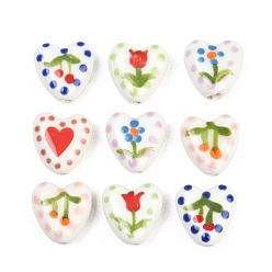 (52) Непрозрачная лаванда Фарфоровые бусины ручной работы, Сердце с цветочным/вишневым узором, пастельный фарфор, разноцветные, 15x15x7.5 мм, отверстие : 2.3 мм