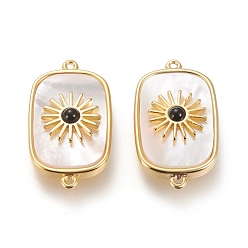 White Shell Brass Natural White Shell Links, with Natural Black Agate, Long-Lasting Plated, Rectangle with Sunbrust, Real 18K Gold Plated, 28x16x6.2mm, Hole: 1.2mm