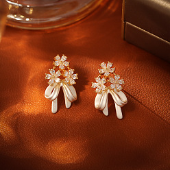 Doré  Boucles d'oreilles puces en laiton et zircon cubique transparent, fleur avec bowknot, or, 27x15mm