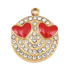 Schamottestein 304 Edelstahl Strass Anhänger, flache runde Anhänger mit Gesicht, mit Emaille, Ionenbeschichtung (ip), echt 18 k vergoldet, Schamottestein, 16x13.5x3 mm, Bohrung: 1.6 mm