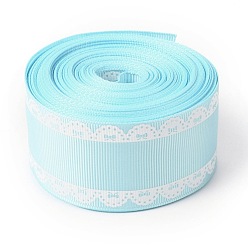 Cyan Polyester Printed Grosgrain Ribbon, Single Face Lace Pattern, for DIY Handmade Craft, Gift Decoration , Cyan, 1-1/2 inch(38mm), 10 yards/roll(9.14m/roll)