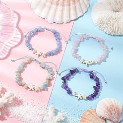 Морская звезда 4шт. браслеты из плетеных бусин с натуральными драгоценными камнями, регулируемые плетеные браслеты из синтетической бирюзы и натуральных ракушек, с нейлоновой нитью, морская звезда, внутренний диаметр: 2-1/4~3-1/2 дюйм (5.7~9 см), звезды: 14x13x5 мм