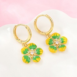 Sea Green Brass Micro Pave Cubic Zirconia Hoop Dangle Earrings, with Enamel, Flower, Lead Free & Cadmium Free, Rack Plating, Long-Lasting Plated, Real 18K Gold Plated, Sea Green, 30x15mm