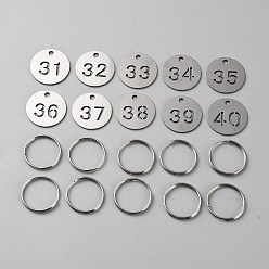 Stainless Steel Color 201 Stainless Steel Numbered Marking Identification Hang Tags, Luggage Labels, ID Tag, Number Markers, with Iron Key Rings, Flat Round with Hollow Number, Stainless Steel Color, 23x1mm, 10pcs