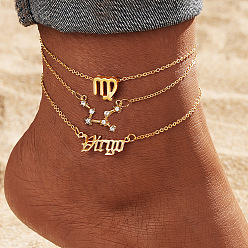 Дева Сплав кристалл горный хрусталь 3 слои созвездия звено цепи браслеты для лодыжки для женщин, золотые, Дева, 7-7/8~9-1/2 дюйм (200~240 мм), 3 шт / комплект
