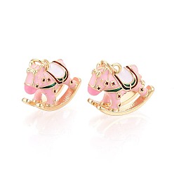 Pink Латунь эмаль подвески, конек, с целью перехода в кольце, реальный 18 k позолоченный, розовые, 14x17.5x7.5 мм, отверстие : 3 мм