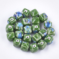Green Handmade Porcelain Beads, Fancy Antique Glazed Porcelain, Cube , Green, 13x13~14x13~14mm, Hole: 2mm