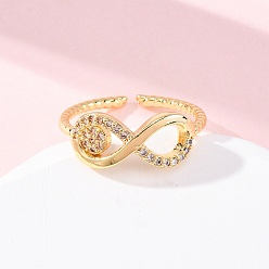 Настоящее золото 18K Латунные кольца-манжеты с микропаве и прозрачным цирконием для женщин, стойки покрытие, без кадмия и без свинца, долговечный, бесконечность, реальный 18 k позолоченный, 7.5x16.5 мм, внутренний диаметр: регулируемый