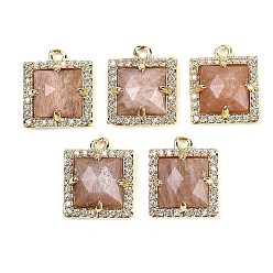 Солнечный Камень Ограненные квадратные подвески из натурального солнечного камня, покрытие стойки латунь микропаве прозрачные кубические циркониевые подвески, золотые, 13.5x11.5x4.5 мм, отверстие : 1.4 мм