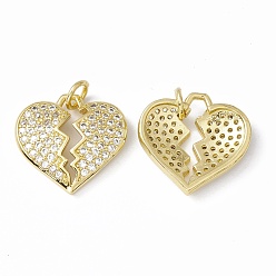 Real 18K Gold Plated Rack Plating Brass Micro Pave Clear Cubic Zirconia Pendants, with Acrylic Bead and Jump Ring, Long-Lasting Plated, Cadmium Free & Lead Free, Breaking Heart, Real 18K Gold Plated, 16.5x17x3.5mm, Jump Ring: 5x1mm, Inner Diameter: 3mm