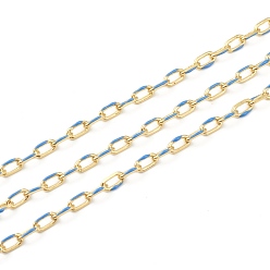 Cornflower Blue Handmade Golden Brass Enamel Link Chains, Cable Chains, with Spool, Soldered, Long-Lasting Plated, Oval, Cornflower Blue, 7x4x1mm, 32.8 Feet(10m)/roll