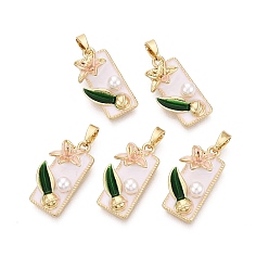 Белый Латунь эмаль подвески, подвески-прямоугольники и цветы, с ABS имитации жемчуга, реальный 18 k позолоченный, белые, 20.5x11x5.5 мм, отверстие : 5x2.5 мм