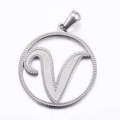 Letter V Non-Tarnish 304 Stainless Steel Pendants, Flat Round with Letter, Stainless Steel Color, Letter.V, 28x25x1.2mm, Hole: 6x3.5mm