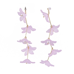 Lilac Frosted Acrylic Dangle Earrings, with Plastic Imitation Pearl Beads, Cubic Zirconia, Real 18K Gold Plated Brass Stud Earring Findings and Plastic Ear Nuts, Flower, Lilac, 107mm, Pin: 0.7mm