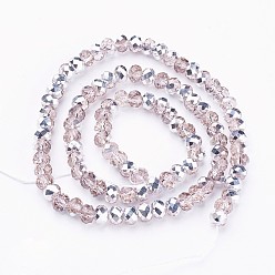 Pink Electroplate Glass Bead Strands, Half Silver Plated, Faceted, Rondelle, Pink, 6x4mm, Hole: 1mm, about 87~90pcs/strand, 15.7 inch