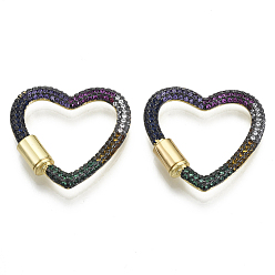 Разноцветный Латунные микропаве, кубический цирконий, винт, карабин, подвески с замком, для изготовления ожерелий, быстрые ссылки, сердце, без никеля , реальный 16 k позолоченный, красочный, 26x27x3 мм, Винт: 8x5 мм
