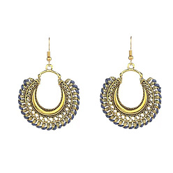 Васильковый Серьги-подвески из сплава и хлопкового шнура в богемном стиле, плоско-круглые, античная бронза, васильковый, 60x40 мм