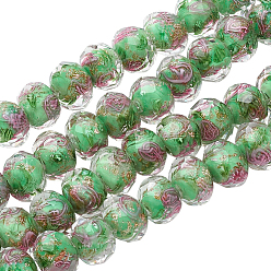 Aigue-Marine Moyen 1 Perles de verre filées au sable doré, faites à la main, en brins, fleur intérieure, facettes rondelle, aigue-marine moyenne, 9~10x7~8mm, Trou: 1.5~2mm, Environ 60 pcs/chapelet, 17.3 pouce