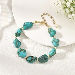 Turquoise Dyed Natural Magnesite Nuggets Beaded Bracelets for Women, Golden, Turquoise, 7.87 inch(20cm)