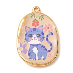 Cat Shape Printed 304 Stainless Steel Enamel Pendants, Oval Charms, Golden, Cat Shape Charms, 33.5x22x3mm, Hole: 2mm