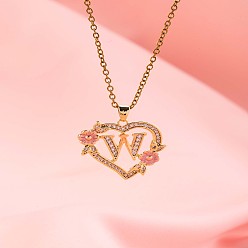 Letter W Латунные кристаллы горный хрусталь полые розы сердце с подвеской в виде буквы для женщин, с розовым эмали, золотые, Буква W, 19.69 дюйм (50 см)